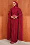 Burgundy Front Gathered Stoned Lace Evening Dress - 3