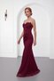 Women's Burgundy Strapless Neckline Stoned Long Lace Evening Dress - 2