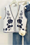 Women's White Floral Embroidered Lined Cotton Vest