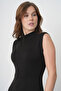 Women's Black Oysho Fabric Stand Collar Slit Basic Black Midi Dress 77161 - 2