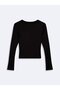 V-Neck Lace Detailed Ribbed Black Sweatshirt - 2