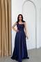 Navy Blue Thin Strap Flounce Slit Satin Evening Dress