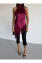 Women's Burgundy Halter Neck Satin Blouse with Lace at the Bottom - 3