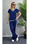 Women's Short Sleeve V-Neck Viscose Two Thread Blouse and Trousers Two-Piece Set - 2
