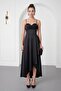 Women's Black Degaje Collar Strap Midi Satin Evening Dress - 2