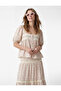 Cotton Voile Fabric Lace Detailed Square Collar Short Balloon Sleeve Floral Blouse