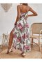 Women's Floral Patterned Long Strap V-Neck Guipure Detailed Slit Summer Holiday Dress - 3