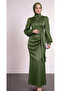 Side Tie Pleated Detailed Satin Dress Evening Gown