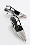 Women's Silver Mirror Wrinkled Patent Leather Pointed Toe Double Strap Heeled Shoes - 4