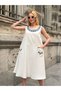 Women's Beige Round Neck Embroidery Detailed Linen Midi Dress - 3