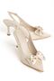 Zerda Women's Beige Satin Bow with Gold Detail Classic Heeled Shoes - 2