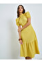 Yellow Textured Puff Sleeves Midi Dress - 2