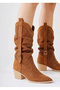 Meria Tan Suede Laser Cut Cowboy Heeled Boots