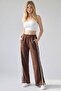 Brown Wide-Leg Sweatpants with Side Stripes and Slit Detail