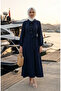 Scarf Collar Half Button Belted Dress 2262-05 Navy Blue
