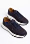 Genuine Leather Nubuck Ekek Casual Shoes Navy Blue Side Laser Printed Tied Nylon Sole