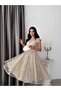 Beige Tulle Cape Sequin Embroidered Mini Strapless Evening Dress - 5