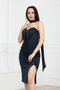 Shawl Detailed Strapless Neckline Glittering Pencil Dress - Dark Blue - 3