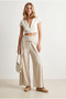 Women's Stone Layered Wide Leg Linen Trousers with Tie Detail Pnt-19000413 - 2