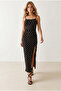 Women's Black Strappy Slit Polka Dot Polyamide Dress Elb-19002657