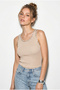 Women's Beige Stone Detailed Ribbed Cotton Athlete Blouse 2143 60286266