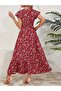 Women Short Sleeve Double Breasted Lapel Elastic Waist Floral Print Dress - 4