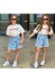 Girl's Denim Shorts Skirt and White T-Shirt Summer Combination