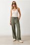Women's Dark Mint Green Elastic Waist Pocketed Royal Linen Flowing Trousers Pnt-19000412