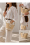 Original Straw Cream Bucket Model Gold Buckle Detailed Women's Hand and Shoulder Bag - 5