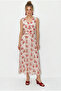 Women's Red V-Neck Floral Patterned Lined Chiffon Midi Dress De261075 60286305 - 3
