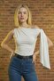 Women's Asymmetrical Collar Shoulder Tie Detailed Stretchy Blouse Body Tshirt