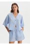 Blue Contrast Detailed Linen Top