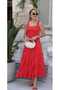 Buketli̇ Women's Square Collar Large Polka Dot Hem Flared Straps Combed Cotton Long Dress - 6