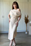 Asymmetrical Midi Beige Dress with Draped Shoulders and Waistline - 4