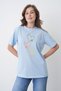 Women's Triple Chain Paw Heart Printed Round Neck Blue Casual T-Shirt - 4