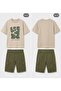 Men's Beige T-Shirt Green Shorts Set - 3