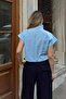 Blue Stand Collar Shoulder Button Detail Front Asymmetrical Cross Fold Women's Crop Blouse - 5