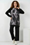 Women's Round Neck Oversize Patterned Viscose Black Two-Piece Set
