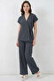 Women's V-Neck Belted Anthracite Double Suit - 7