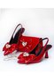 Women's Red Patent Leather Bow and Stone Accessory 7 cm Heeled Shoes and Bag Set - 5
