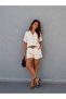 Women's Beige Bohemian Linen Shirt and Straw Belted Shorts Set - 8