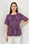 Women's Lace-Up Loose-Fit Short Sleeve Patterned Viscose Burgundy Blouse