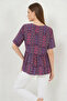Women's Lace-Up Loose-Fit Short Sleeve Patterned Viscose Burgundy Blouse - 7