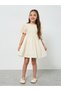 Girls Beige Puff Sleeve Lace Tiered Dress