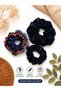 3-Piece Satin Hair Clip Set – Navy Blue Patterned and Solid Color Scrunchie Hair Clips