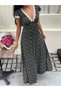 Women's Short Sleeve Deep V Neck Lace Detailed Floral Patterned Long Single Jersey Dress