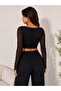 Women's Drawstring Closure Detail Sleeves Transparent Long Sleeve Crop Blouse - 2
