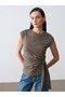 32724 100% Cotton T-Shirt with Tie Detail-Khaki - 3