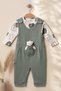 Nafitto Baby Sage Green Waffle Knit Teddy Bear Salopet and Patterned Bodysuit Set - Cotton Texture 3-9 Months - 2