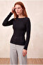 Women's Black Textured Wrinkled Regular Fit Crew Neck Long Sleeve Blouse Margarida - 3